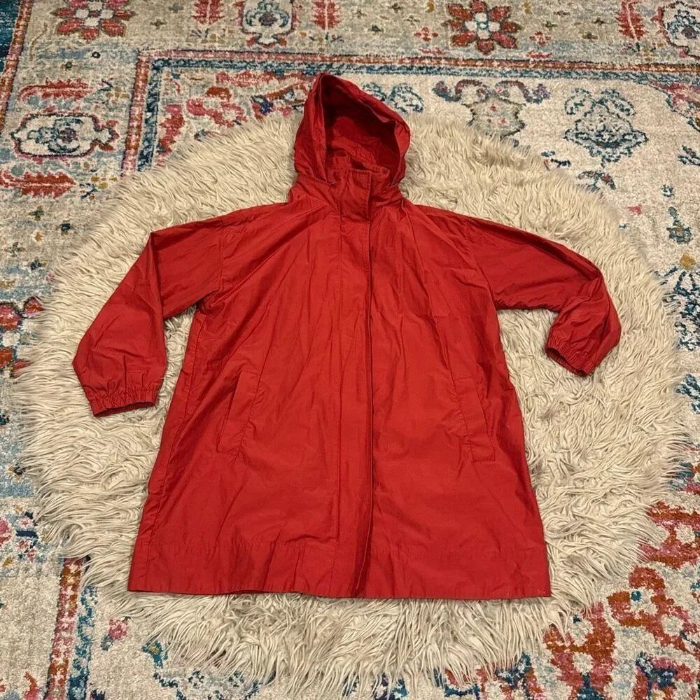 Eileen Fisher Long Stand-Collar Rain Jacket w/ Hidden Hood size large
